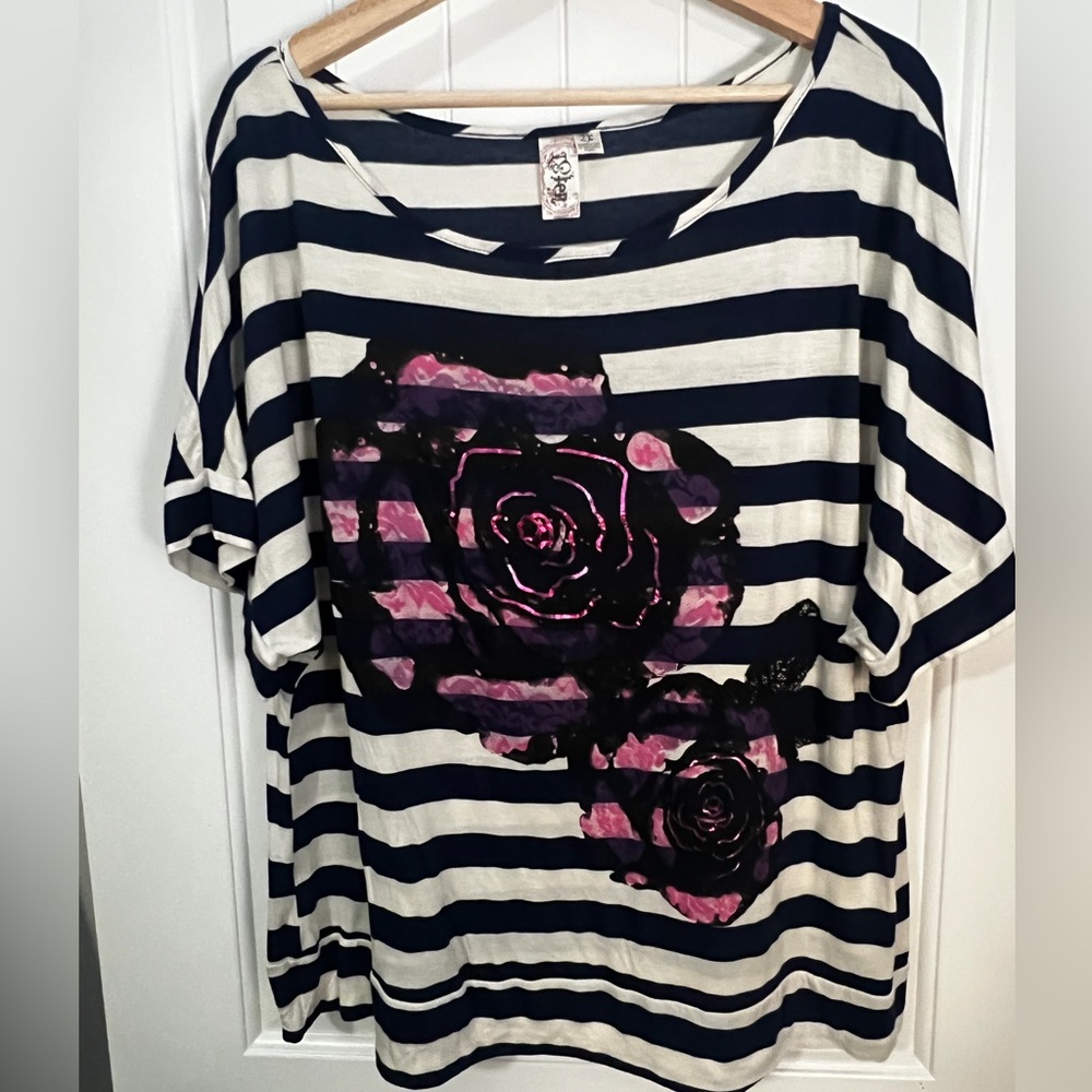 L8teR Black and White Striped Tee with Pink Floral Design